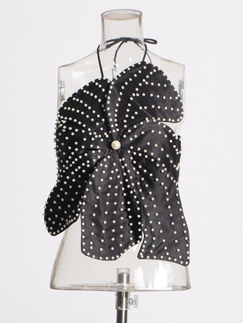 noir Haut court noir dos nu à fleurs et perles sans manches pour femme