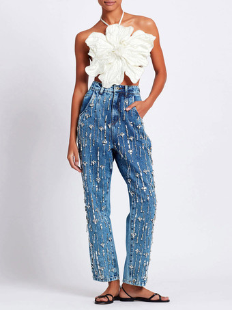 Haut court noir dos nu à fleurs et perles sans manches pour femme