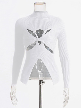 blanc T-shirt à manches longues noir à découpes et col montant torsadé pour femme