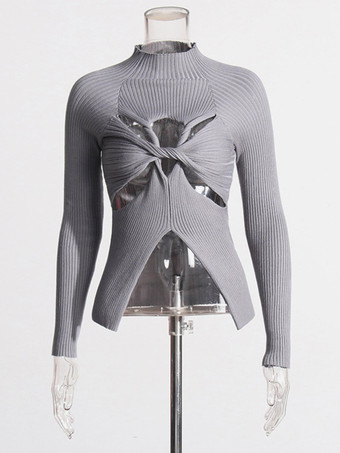 GrisT-shirt à manches longues noir à découpes et col montant torsadé pour femme