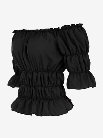 T-shirt noir à manches courtes plissé à épaules dénudées pour femme