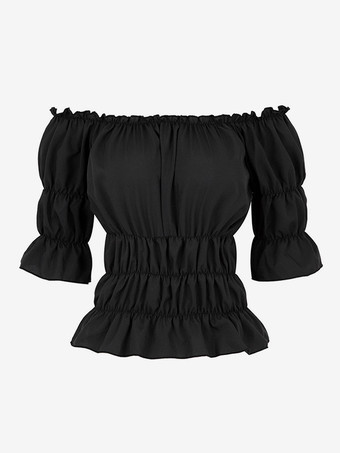 noir T-shirt noir à manches courtes plissé à épaules dénudées pour femme