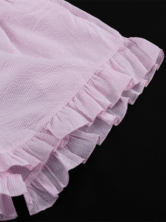 Ensemble deux pièces rose à rayures chics pour tous les jours col rabattu manches lanternes et pantalon
