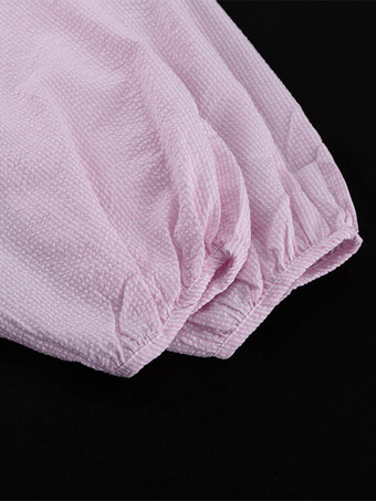Ensemble deux pièces rose à rayures chics pour tous les jours col rabattu manches lanternes et pantalon