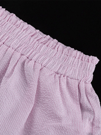 Ensemble deux pièces rose à rayures chics pour tous les jours col rabattu manches lanternes et pantalon