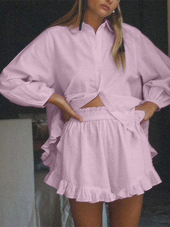 Ensemble deux pièces rose à rayures chics pour tous les jours col rabattu manches lanternes et pantalon