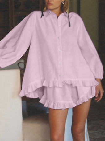 Ensemble deux pièces rose à rayures chics pour tous les jours col rabattu manches lanternes et pantalon