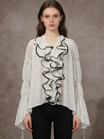 blanc Blouse blanche pour femme col en V manches longues lacées et à volants.