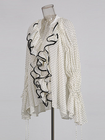 Blouse blanche pour femme col en V manches longues lacées et à volants.