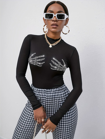 noir T-shirt à manches longues pour femme motif tête de mort noire et strass col rond