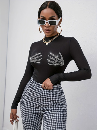 T-shirt à manches longues pour femme motif tête de mort noire et strass col rond