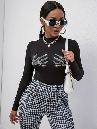 T-shirt à manches longues pour femme motif tête de mort noire et strass col rond