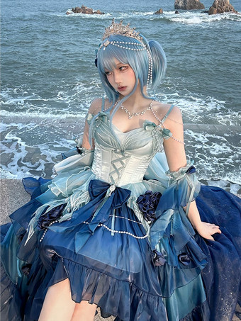 Sweet Lolita Dress Embroidery Bowknot Lace-Up High Low Dress Sleeveless Purple Mesh Slip Dress