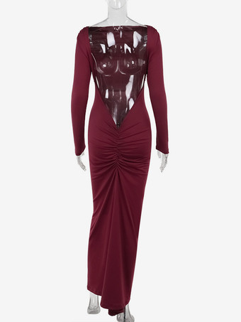 Robe de soirée bordeaux à manches longues épaules dénudées et dos nu