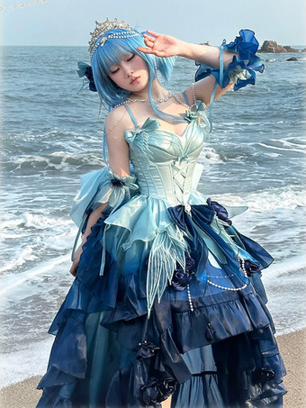 Ocean blueSweet Lolita Dress Embroidery Bowknot Lace-Up High Low Dress Sleeveless Purple Mesh Slip Dress