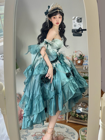 Sweet Lolita Dress Embroidery Bowknot Lace-Up High Low Dress Sleeveless Purple Mesh Slip Dress