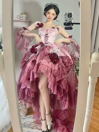 RubySweet Lolita Dress Embroidery Bowknot Lace-Up High Low Dress Sleeveless Purple Mesh Slip Dress