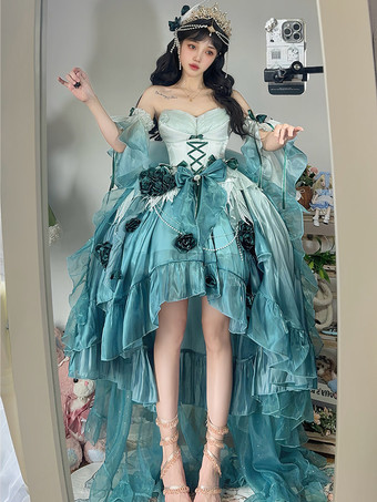 CyanSweet Lolita Dress Embroidery Bowknot Lace-Up High Low Dress Sleeveless Purple Mesh Slip Dress