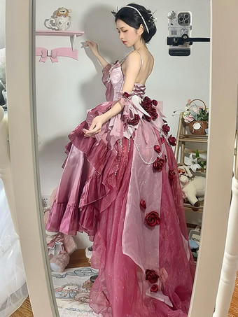 Sweet Lolita Dress Embroidery Bowknot Lace-Up High Low Dress Sleeveless Purple Mesh Slip Dress