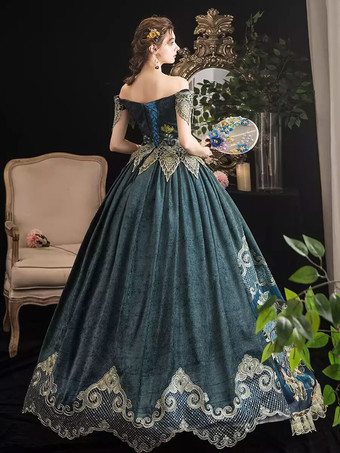 Abito vittoriano retrò blu scuro scuro a maniche corte con spalle scoperte Abito in costume barocco Abito Maria Antonietta