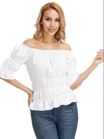 blanc T-shirt noir à manches courtes plissé à épaules dénudées pour femme