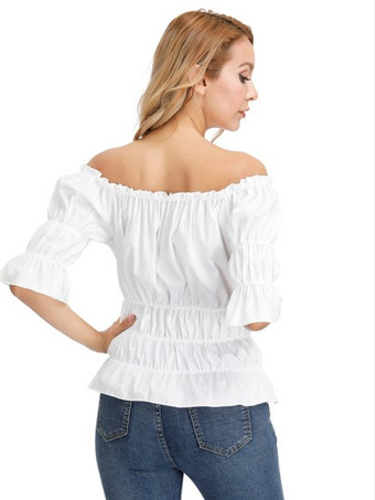 T-shirt noir à manches courtes plissé à épaules dénudées pour femme
