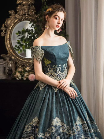 Abito vittoriano retrò blu scuro scuro a maniche corte con spalle scoperte Abito in costume barocco Abito Maria Antonietta