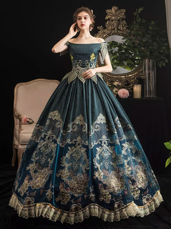 Abito vittoriano retrò blu scuro scuro a maniche corte con spalle scoperte Abito in costume barocco Abito Maria Antonietta