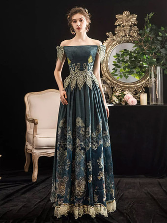 Abito vittoriano retrò blu scuro scuro a maniche corte con spalle scoperte Abito in costume barocco Abito Maria Antonietta