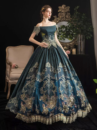 Abito vittoriano retrò blu scuro scuro a maniche corte con spalle scoperte Abito in costume barocco Abito Maria Antonietta