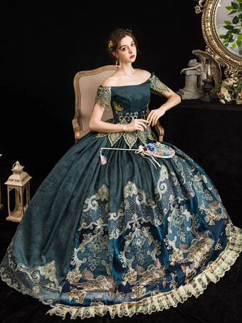 Blu Marino ScuroAbito vittoriano retrò blu scuro scuro a maniche corte con spalle scoperte Abito in costume barocco Abito Maria Antonietta