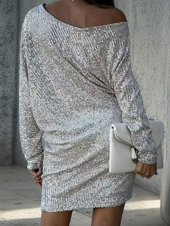 argent Robe de soirée pour femme col asymétrique sequins sexy manches longues blanche.