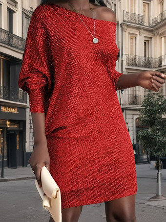 rouge Robe de soirée pour femme col asymétrique sequins sexy manches longues blanche.