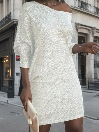 blanc Robe de soirée pour femme col asymétrique sequins sexy manches longues blanche.