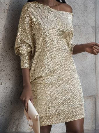 Or clair Robe de soirée pour femme col asymétrique sequins sexy manches longues blanche.