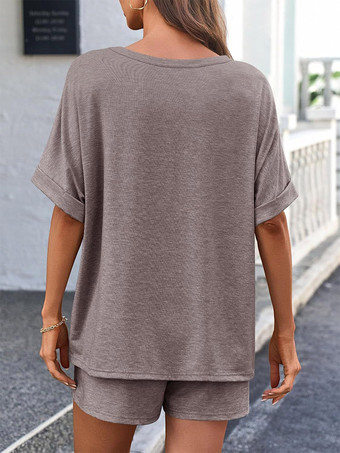ツーピースセット カーキ ストリートウェア ジュエルネックTシャツ 半袖 カジュアルパンツセット