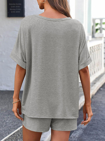 ツーピースセット カーキ ストリートウェア ジュエルネックTシャツ 半袖 カジュアルパンツセット
