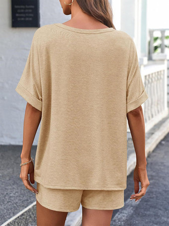 ツーピースセット カーキ ストリートウェア ジュエルネックTシャツ 半袖 カジュアルパンツセット
