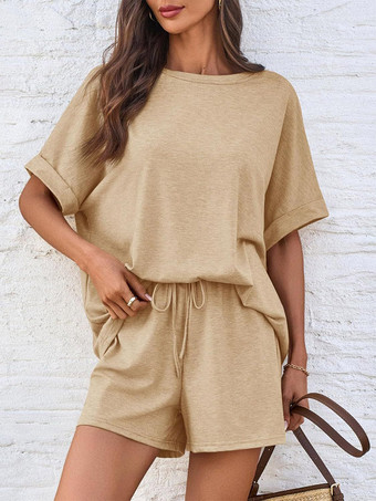 カーキ ツーピースセット カーキ ストリートウェア ジュエルネックTシャツ 半袖 カジュアルパンツセット