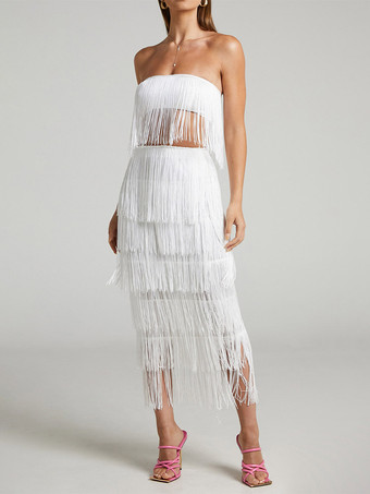 blanc Ensembles de soirée chics sans manches à franges et dos nu