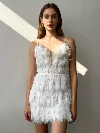 Club Dress For Women White Straps Neck Feathers Sleeveless Polyester  Backless Sexy Dress - Milanoo.com