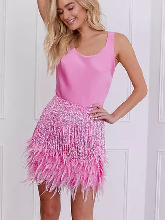 Club Dress For Women U-Neck Sexy Fringe Sleeveless Pink Sexy Dress