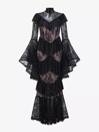 Party Dress Maxi White Stand Collar Lace Long Sleeves Shaping Flared Sleeves  Chic Semi Formal Dress - Milanoo.com