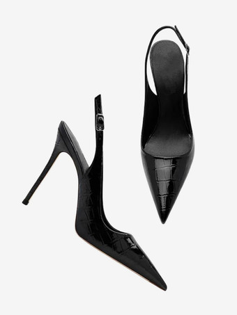 黒のハイヒール、ポインテッドトゥ、ストーン柄、スリングバックドレスシューズ