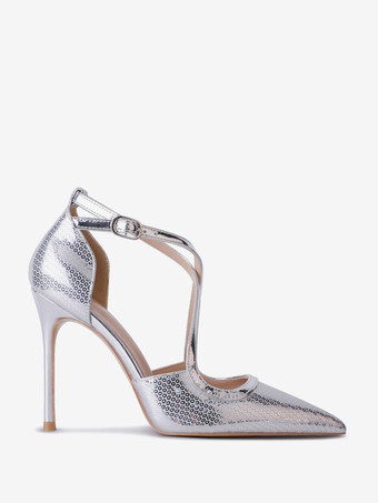 シルバーのハイヒールパンプス、ポインテッドトゥ、クロスストラップ、スティレットヒールパンプス