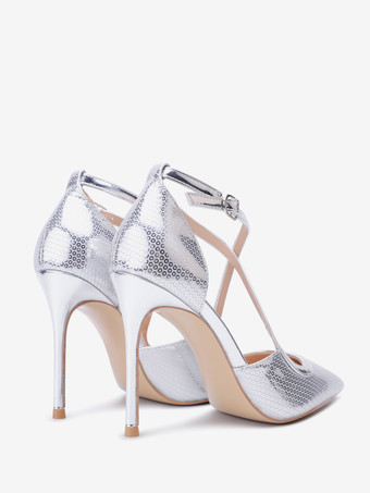 シルバーのハイヒールパンプス、ポインテッドトゥ、クロスストラップ、スティレットヒールパンプス