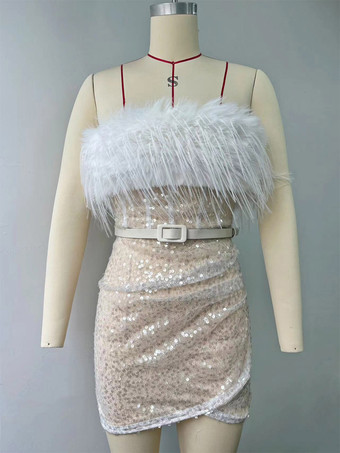 Robe de soirée pour femme bustier chic à plumes sans manches dos nu blanche sexy