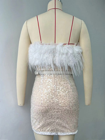Robe de soirée pour femme bustier chic à plumes sans manches dos nu blanche sexy