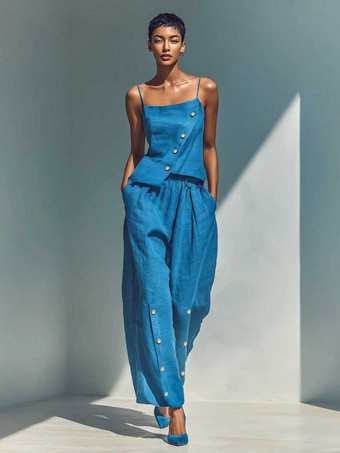Bleu ciel Ensemble deux pièces bleu ciel streetwear en lin boutons bretelles asymétriques col sans manches pantalon décontracté