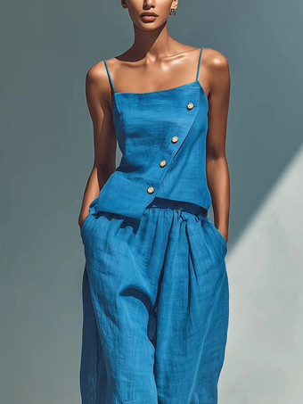 Ensemble deux pièces bleu ciel streetwear en lin boutons bretelles asymétriques col sans manches pantalon décontracté